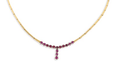 Lot 3 - AN 18CT GOLD NECKLACE, bar links, stone set...