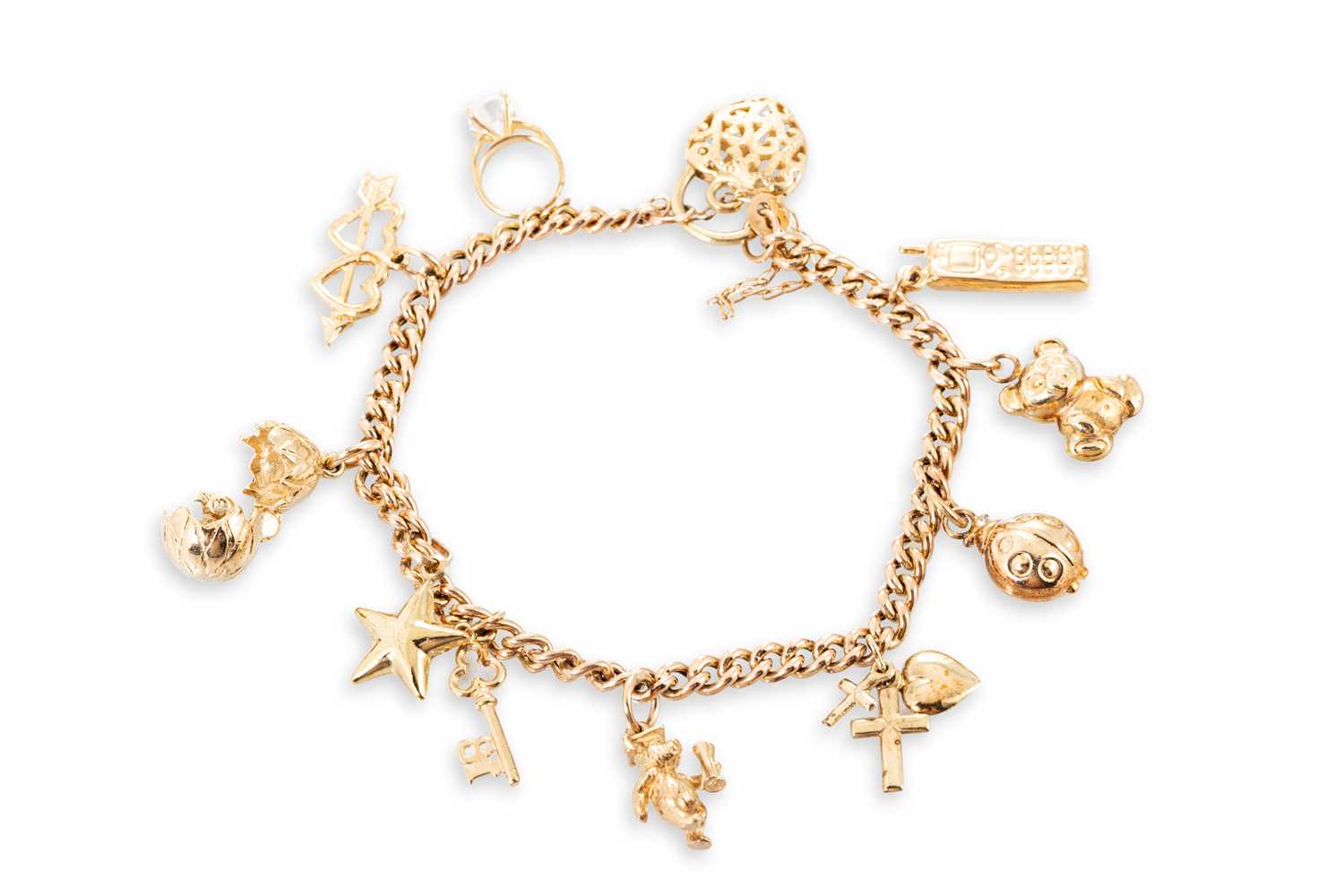 Lot 5 - A 9CT YELLOW GOLD CHARM BRACELET, with padlock...