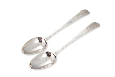 Lot 486 - A GEORGE III PAIR OF IRISH SILVER TABLE SPOONS,...