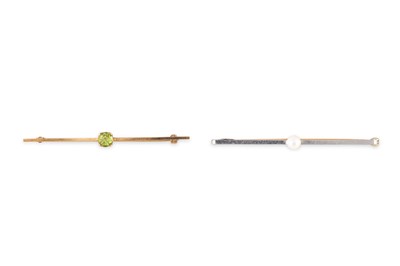 Lot 352 - TWO 9CT GOLD BAR BROOCHES, pearl & peridot set,...