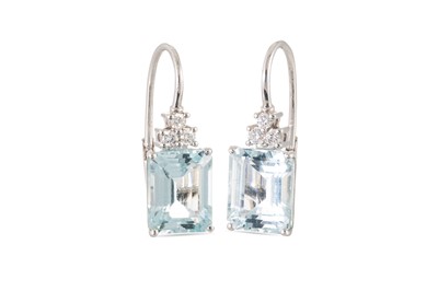 Lot 204 - A PAIR OF AQUAMARINE AND DIAMOND EARRINGS, the...