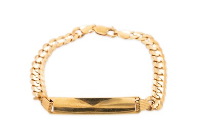 Lot 170 - A 9CT YELLOW GOLD ID BRACELET, flat curb link...