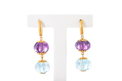 Lot 401 - A PAIR OF AMETHYST AND BLUE TOPAZ DROP...