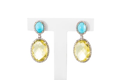 Lot 59 - A PAIR OF TURQUOISE, QUARTZ AND DIAMOND DROP...