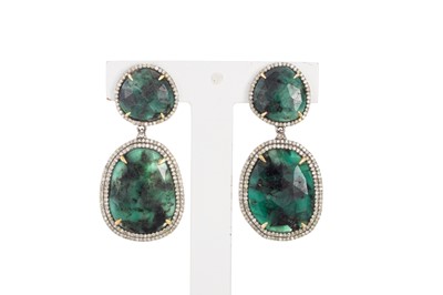 Lot 199 - A PAIR OF GREEN QUARTZ AND DIAMOND DROP...