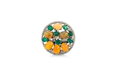 Lot 60 - AN ETHIOPIAN OPAL, DIAMOND AND EMERALD CLUSTER...