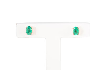 Lot 196 - A PAIR OF EMERALD EARRINGS, mounted in 9ct gold