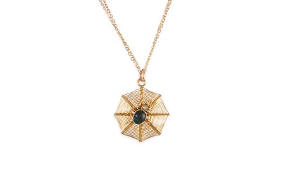 Lot 241 - A 9CT GOLD PENDANT, modelled as a spider's web,...