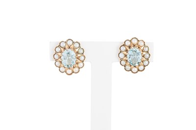 Lot 38 - A PAIR OF AQUAMARINE AND SEED PEARL EARRINGS,...