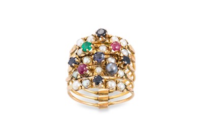 Lot 150 - AN ANTIQUE SEVEN ROWED MULTI GEM AND PEARL SET...