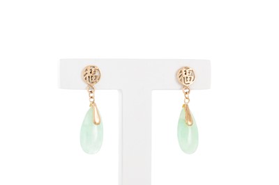 Lot 181 - A PAIR OF JADE EARRINGS, the 14ct gold...