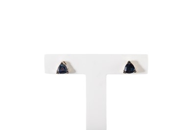 Lot 162 - A PAIR OF SAPPHIRE SET EARRINGS, the trillion...