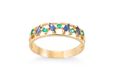 Lot 238 - AN EMERALD AND TANZANITE BAND RING, mounted in...