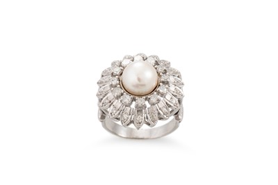 Lot 297 - A RETRO PEARL AND DIAMOND CLUSTER RING, the...