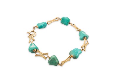 Lot 98 - AN 18CT GOLD AND TURQUOISE SET BRACELET, x...