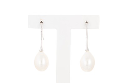 Lot 114 - A PAIR OF PEARL DROP EARRINGS, mounted in 14ct...