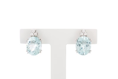 Lot 268 - A PAIR OF AQUAMARINE AND DIAMOND EARRINGS, the...