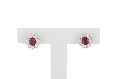Lot 272 - A PAIR OF RUBY AND DIAMOND CLUSTER EARRINGS,...