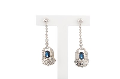 Lot 209 - A PAIR OF SAPPHIRE AND DIAMOND DROP EARRINGS,...