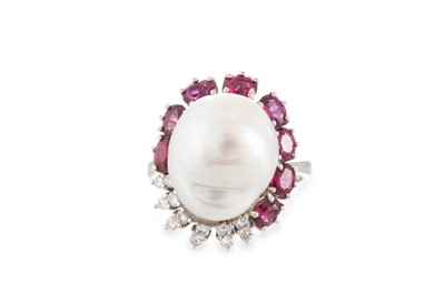 Lot 324 - A BAROQUE PEARL, RUBY AND DIAMOND CLUSTER RING,...