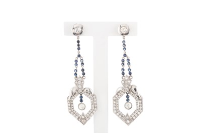 Lot 325 - A PAIR OF DIAMOND AND SAPPHIRE CHANDELIER DROP...