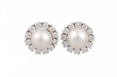 Lot 306 - A PAIR OF PEARL AND DIAMOND CLUSTER EARRINGS,...