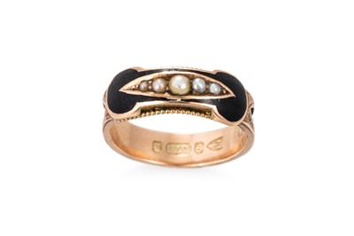 Lot 236 - A VICTORIAN ENAMEL AND SEED PEARL MOURNING...