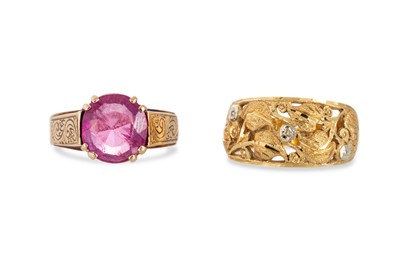 Lot 283 - TWO 18CT GOLD RINGS, one set with red stone,...