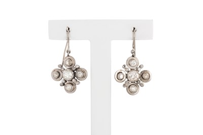 Lot 159 - A PAIR OF DIAMOND DROP EARRINGS, quatrefoil...