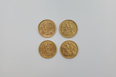 Lot 450 - FOUR GOLD HALF SOVEREIGN ENGLISH COINS, 1901...