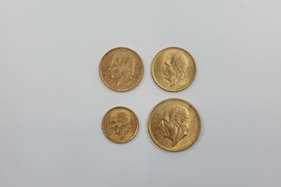 Lot 456 - FOUR MEXICO GOLD COINS, total 22.5 Peso, 0.60...