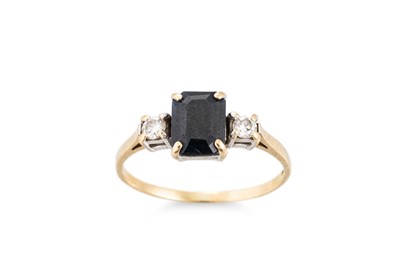 Lot 128 - A SAPPHIRE AND DIAMOND THREE STONE RING, the...