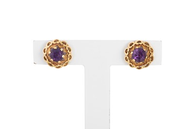 Lot 367 - A PAIR OF 18CT GOLD & AMETHYST SET EARRINGS,...