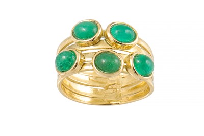 Lot 345 - AN EMERALD RING, set with five cabochon...