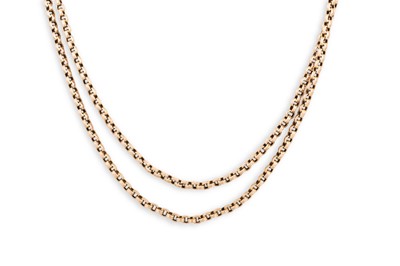 Lot 336 - AN ANTIQUE 9CT GOLD MUFF CHAIN, 42.5 g.