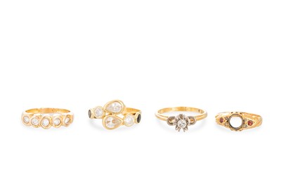 Lot 10 - FOUR 18CT GOLD RINGS, one diamond set, 11 g.