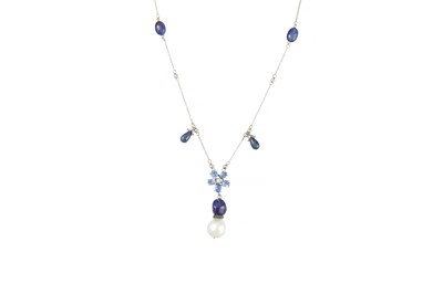Lot 374 - A PEARL, SAPPHIRE AND BLACK DIAMOND NECKLACE,...