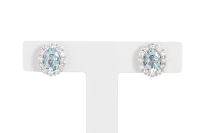 Lot 156 - A PAIR OF DIAMOND AND AQUAMARINE SET CLUSTER...