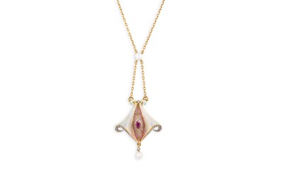 Lot 255 - AN ART NOUVEAU ENAMEL, RUBY & PEARL PENDANT,...
