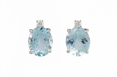 Lot 389 - A PAIR OF AQUAMARINE AND DIAMOND EARRINGS, the...