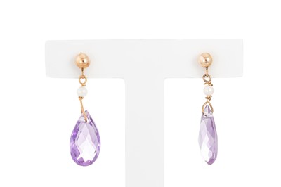 Lot 50 - A PAIR OF AMETHYST AND CULTURED PEARL DROP...