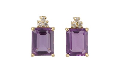 Lot 396 - A PAIR OF AMETHYST AND DIAMOND EARRINGS, the...