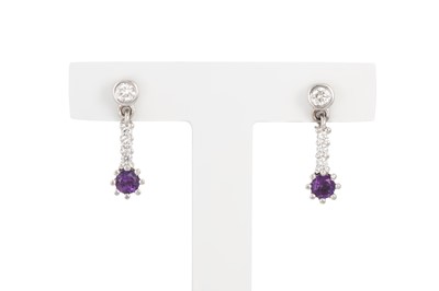 Lot 52 - A PAIR OF AMETHYST AND DIAMOND DROP EARRINGS,...