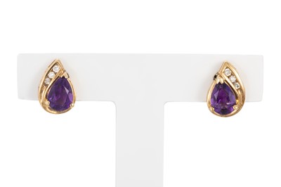Lot 96 - A PAIR OF AMETHYST AND DIAMOND SET EARRINGS,...