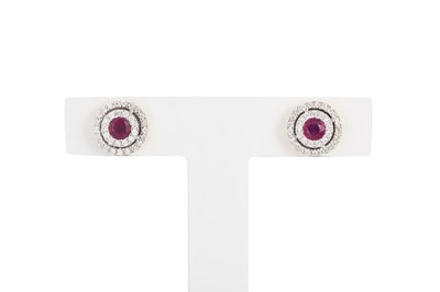 Lot 125 - A PAIR OF RUBY AND DIAMOND TARGET STYLE...