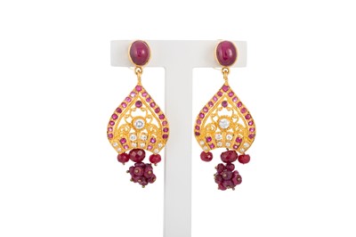 Lot 195 - A PAIR OF GOLD STONE SET EARRINGS, 17.4 g.