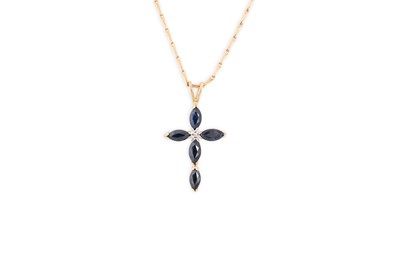 Lot 196 - A SAPPHIRE AND DIAMOND CROSS, mounted in gold,...