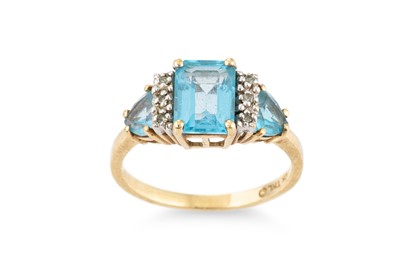 Lot 163 - A THREE STONE TOPAZ AND DIAMOND SET DRESS RING,...