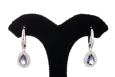 Lot 184 - A PAIR OF DIAMOND AND IOLITE DROP CLUSTER...