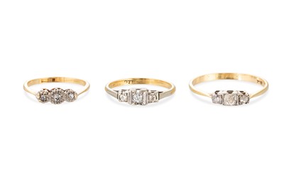 Lot 128 - THREE DIAMOND RINGS, all 18ct yellow gold,...